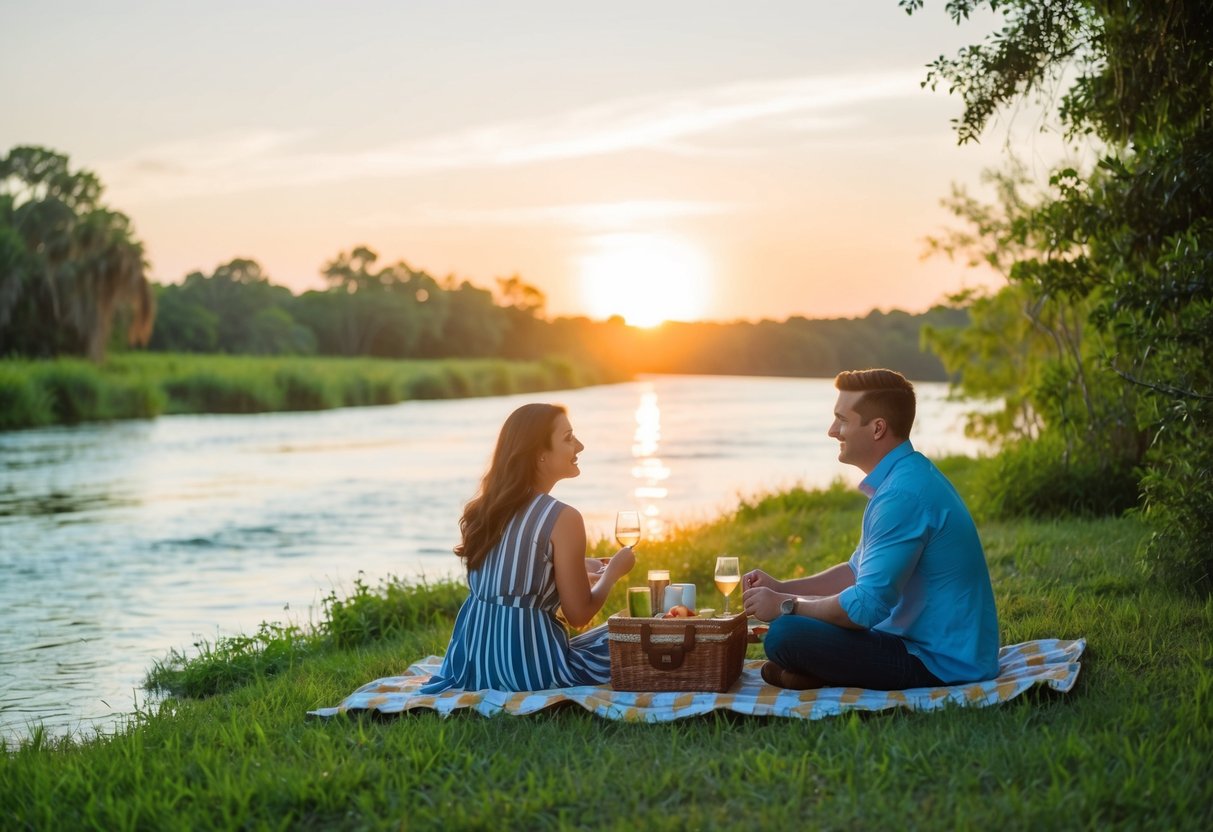 A couple enjoys a sunset picnic on the banks of the St. Johns River, surrounded by lush greenery and the sounds of nature