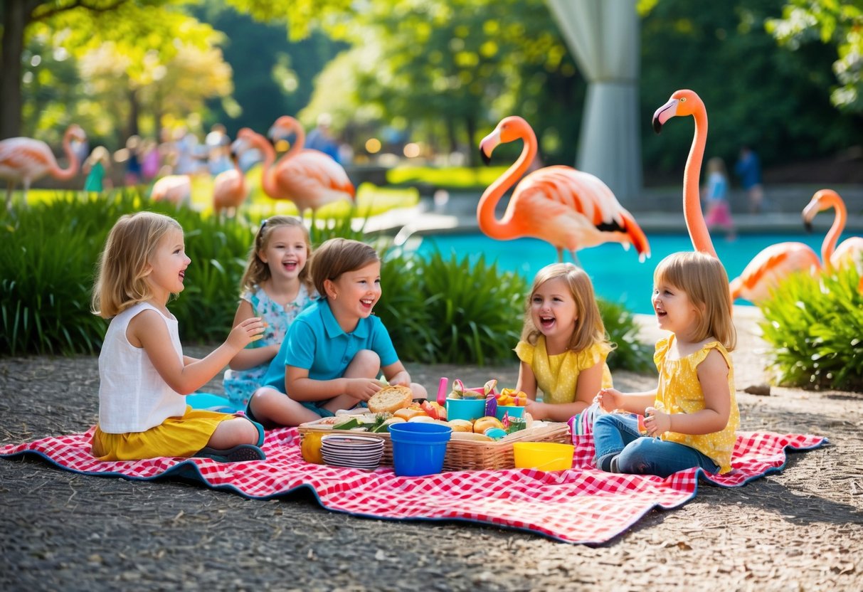 A sunny day at Akron Zoo, with a colorful picnic spread on a checkered blanket near the flamingo exhibit. Children laugh and play in the background