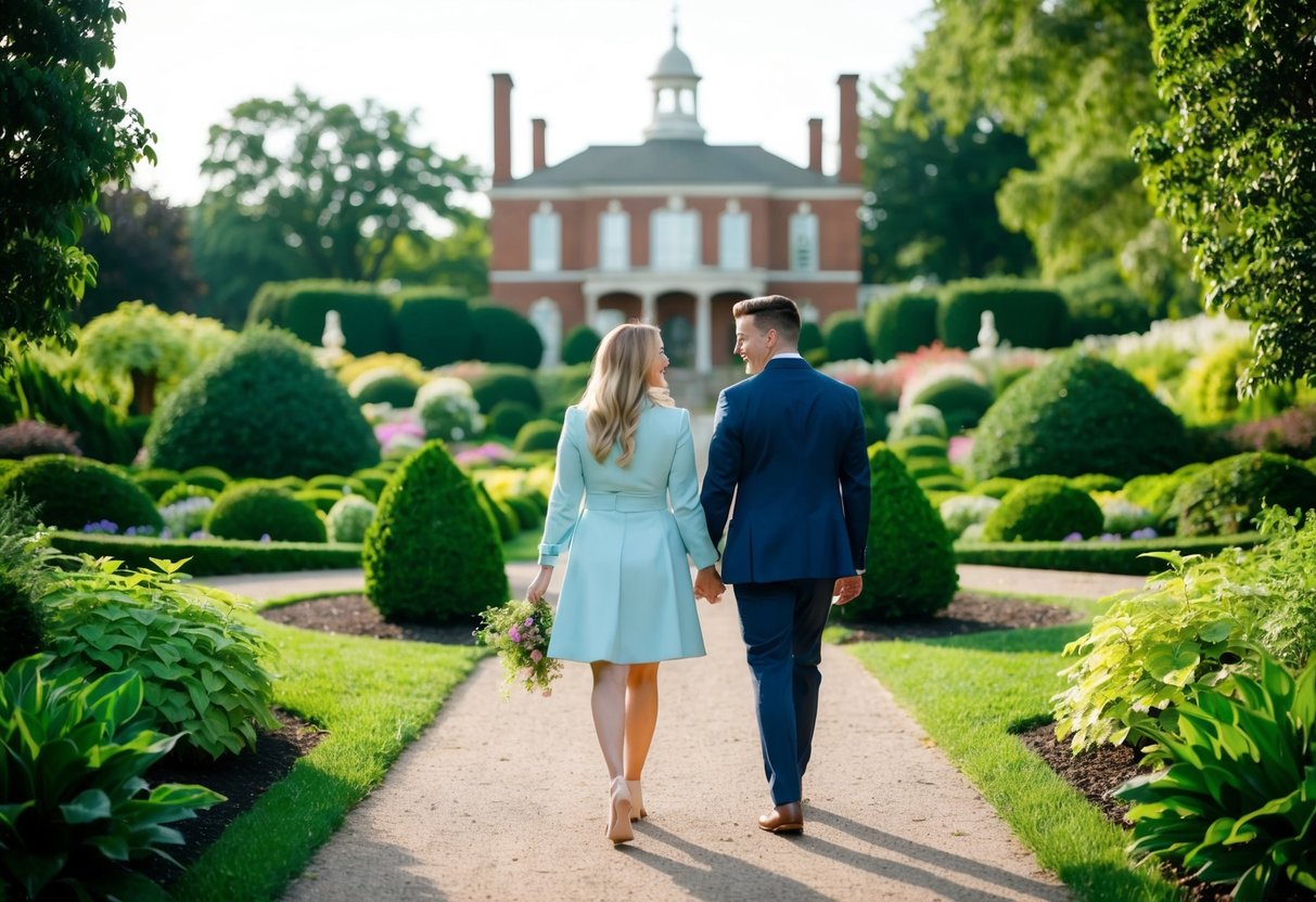 A couple walks through lush gardens at Stan Hywet Hall, enjoying a cheap date in Akron, Ohio