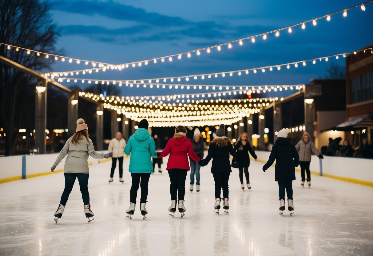 People ice skate under twinkling lights at Lock 3 in Akron, Ohio