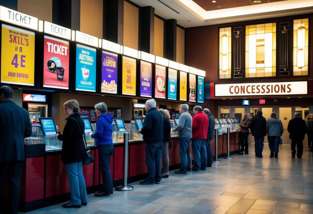 A bustling theater lobby with colorful movie posters, ticket booths, and a concession stand. Patrons line up for snacks and drinks before entering the dimly lit auditorium