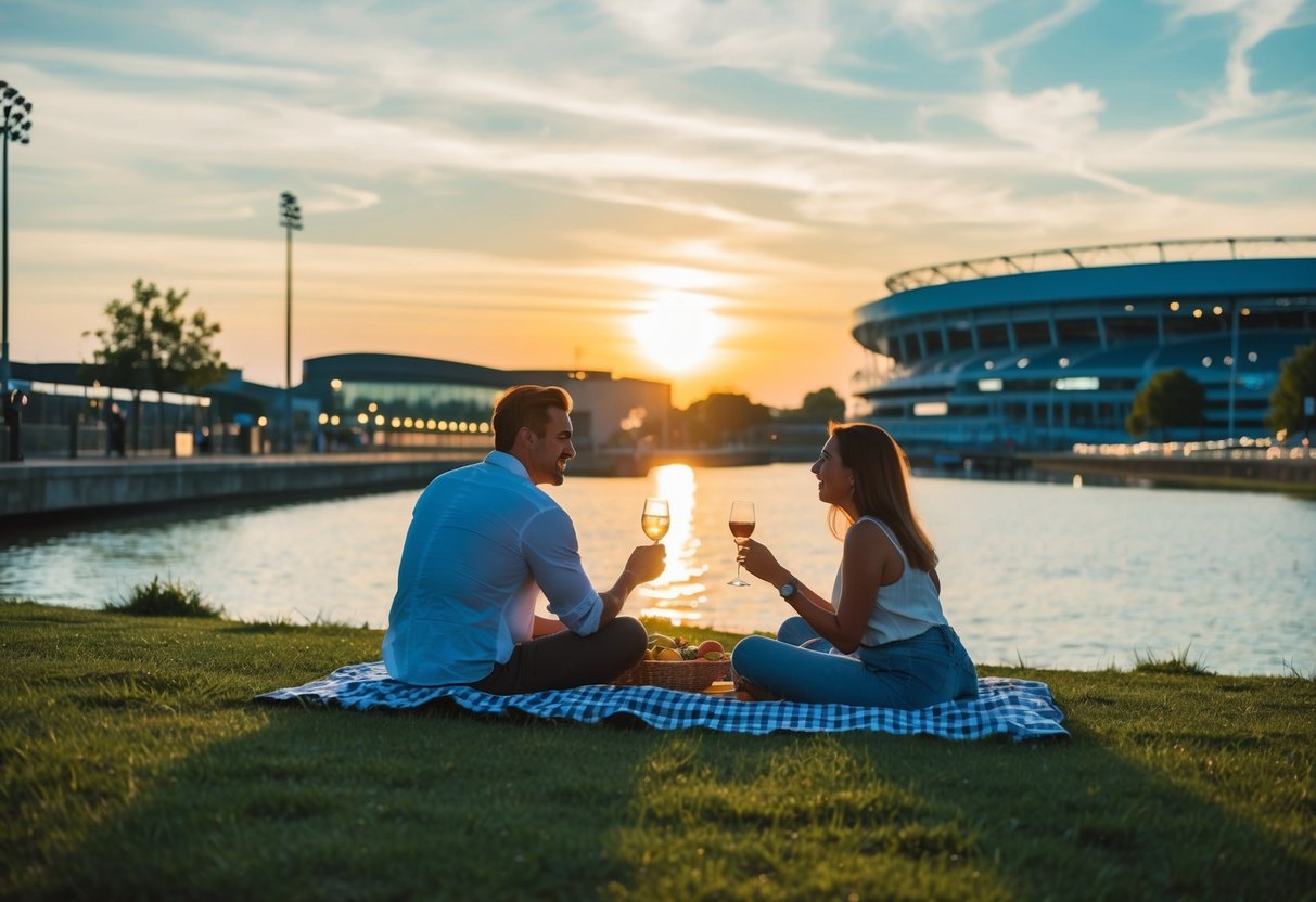 A couple enjoys a picnic by the canal, with the stadium in the background. The sun sets, casting a warm glow over the scene