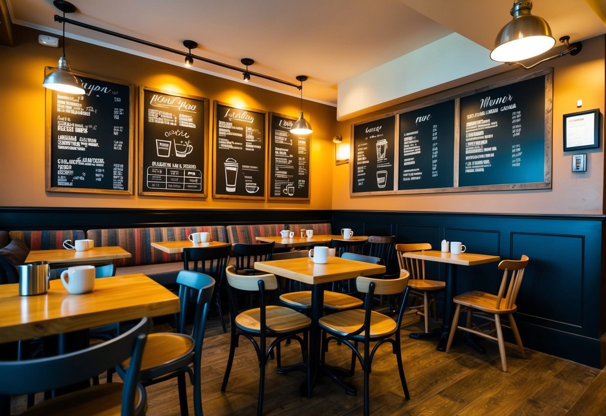 A cozy coffee bar with mismatched furniture and steaming mugs. Warm lighting and chalkboard menus create a relaxed atmosphere