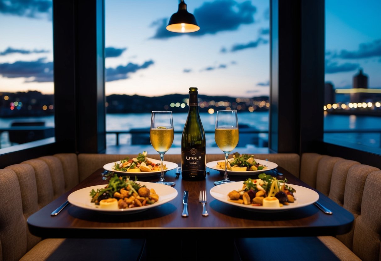 A cozy table for two at The Lockview, with dim lighting and a spread of delicious food and drinks