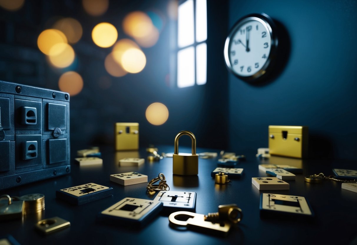 A dimly lit room with scattered puzzles, locks, and hidden clues. A countdown clock on the wall adds tension to the atmosphere