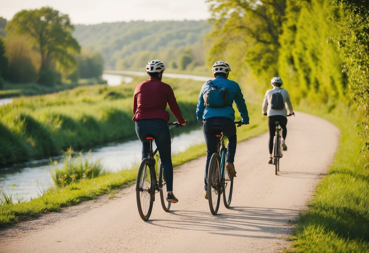 A couple bikes along Towpath Trail, passing by lush greenery and a peaceful river, with the sun casting a warm glow over the serene landscape