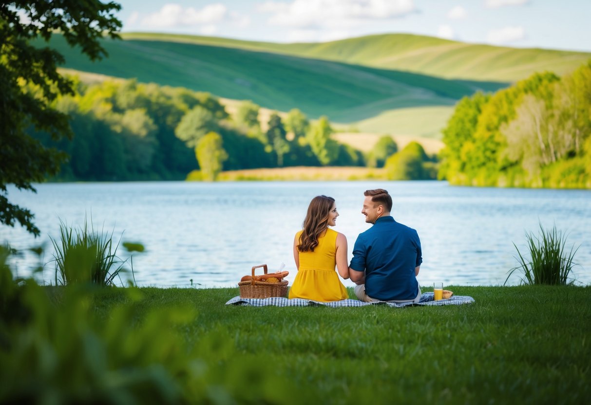 A couple picnicking by a serene lake surrounded by lush greenery and rolling hills in Akron