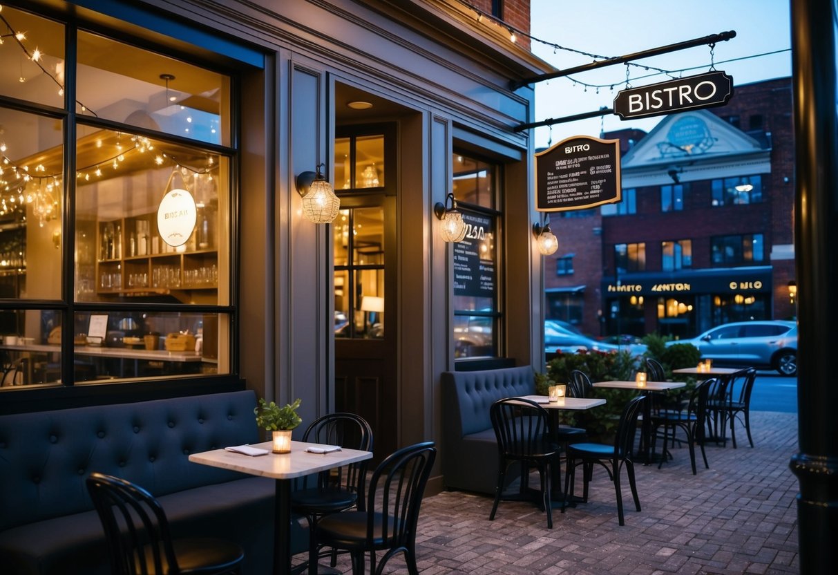 A cozy bistro with twinkle lights, small tables, and a chalkboard menu offering affordable dining experiences in Akron, Ohio