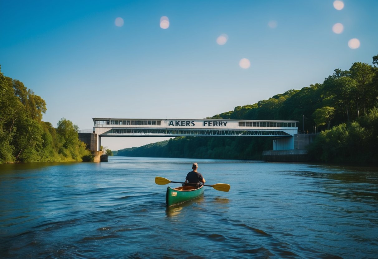 A peaceful river scene with a canoe gliding under the Akers Ferry, surrounded by lush green trees and a clear blue sky