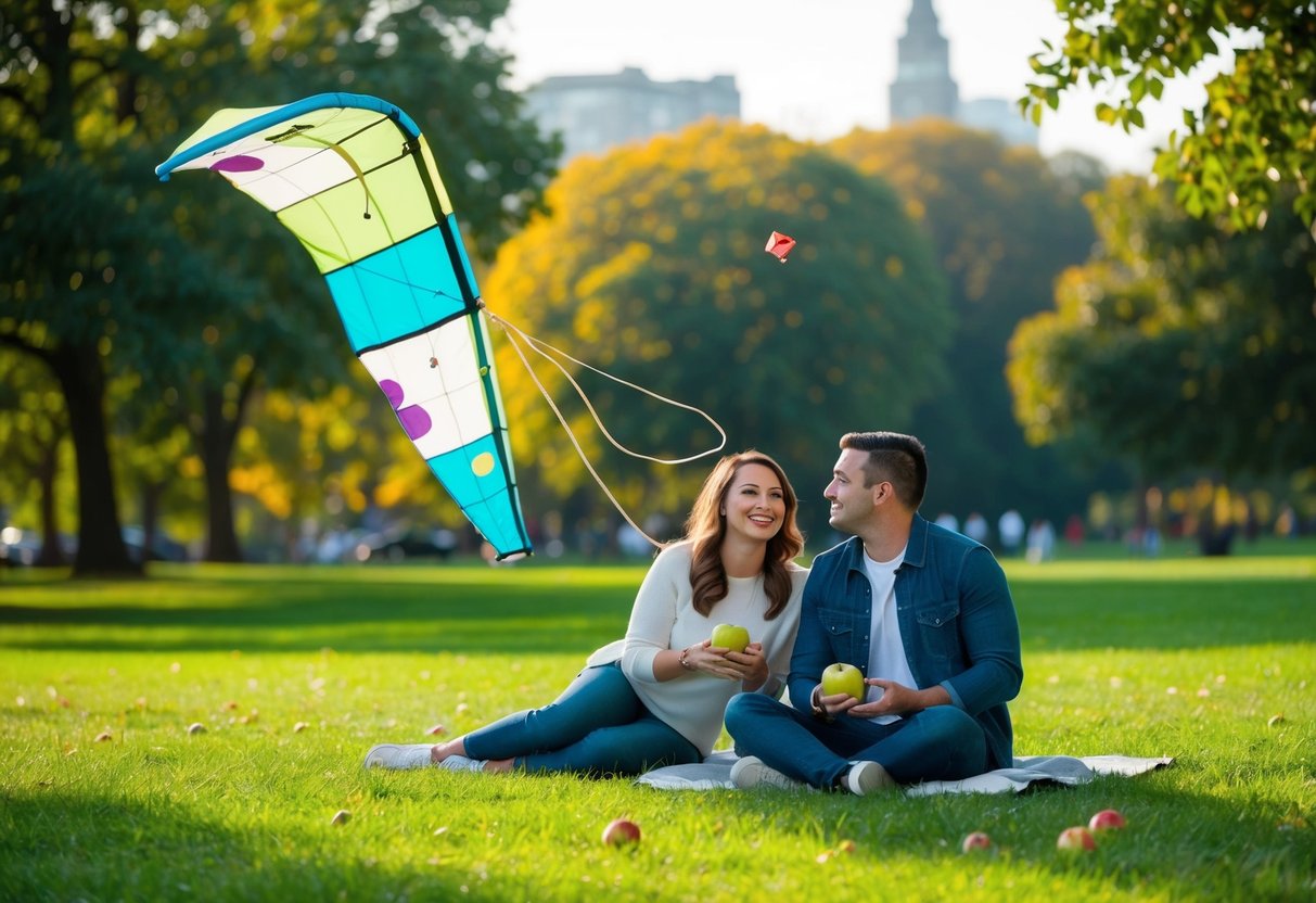 Akeley Park: A couple flies a kite, admires art, and enjoys apples
