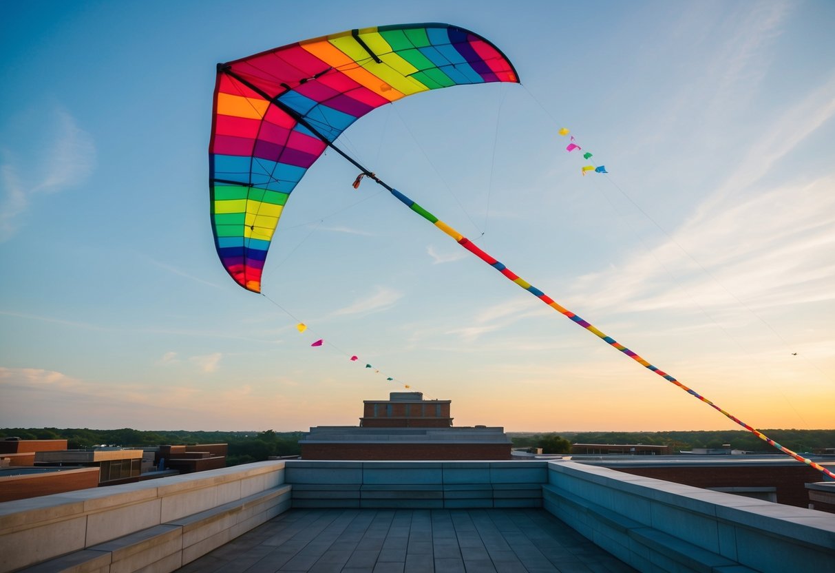 A colorful kite flying over Akron Art Museum's rooftop terrace