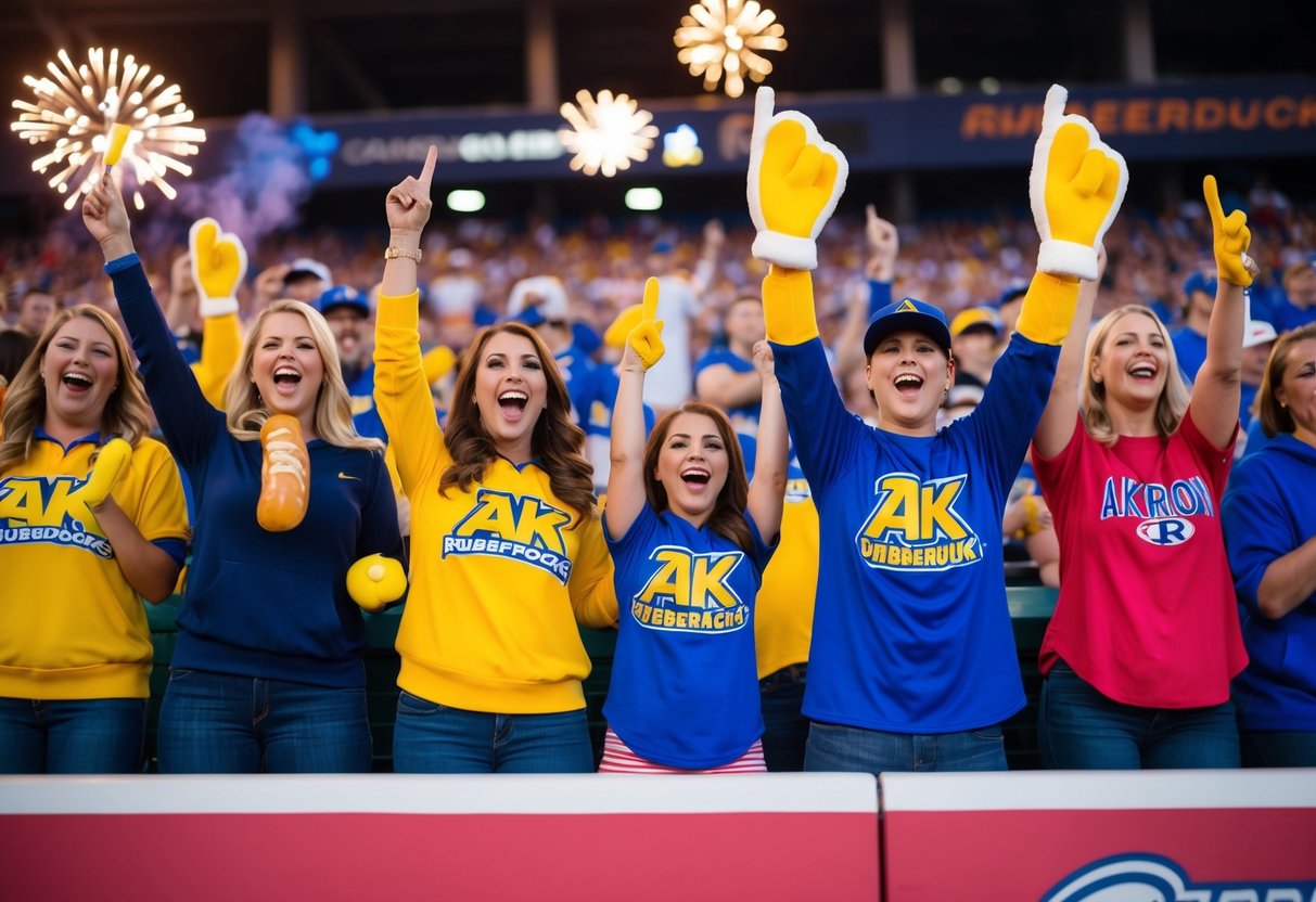 Fans cheering at Akron RubberDucks game, with "AK" foam fingers, hot dogs, and fireworks