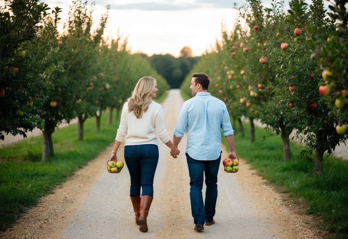 A couple walking along Akeman Street, picking apples from an orchard