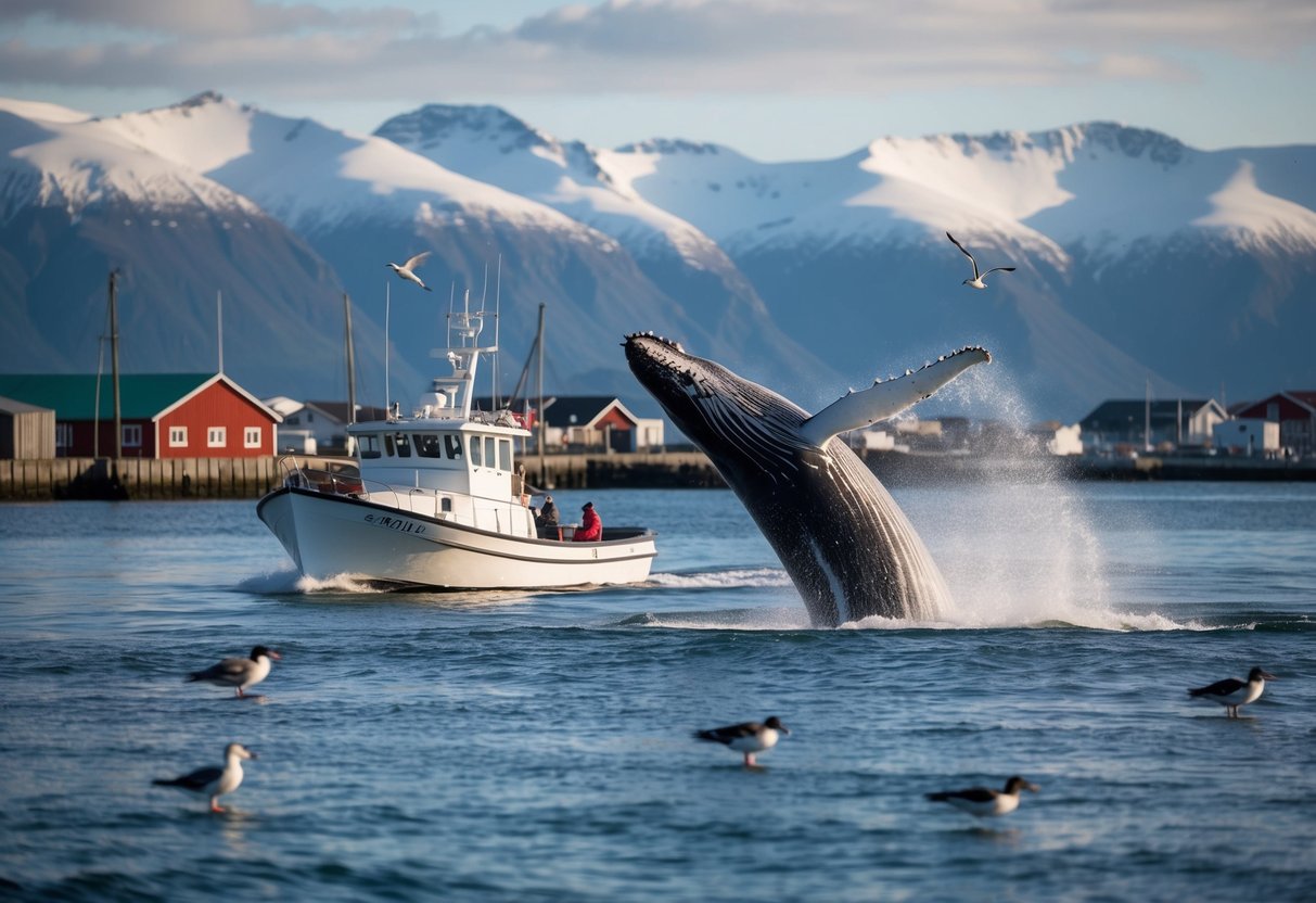 A boat sails from Akureyri harbor, with mountains in the background. A humpback whale breaches the water, surrounded by seabirds