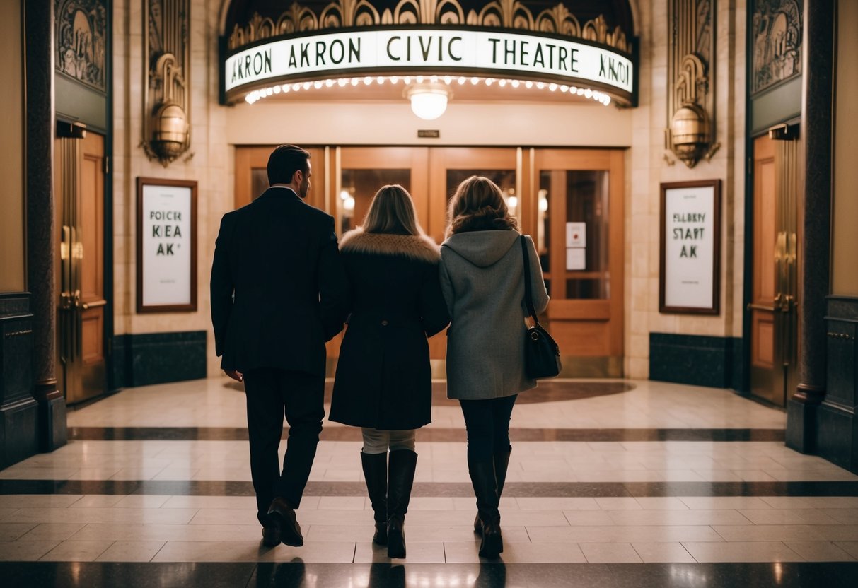 A couple walks into the Akron Civic Theatre, surrounded by art deco architecture and ornate details, as they prepare for a show featuring date ideas that start with "ak."