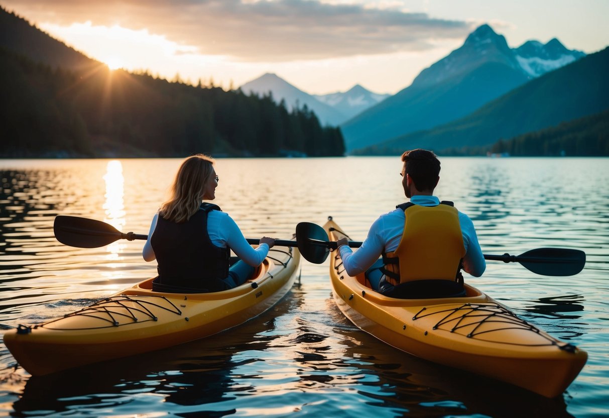 A couple kayaking at sunset on a calm lake, admiring the picturesque view of the mountains in the distance