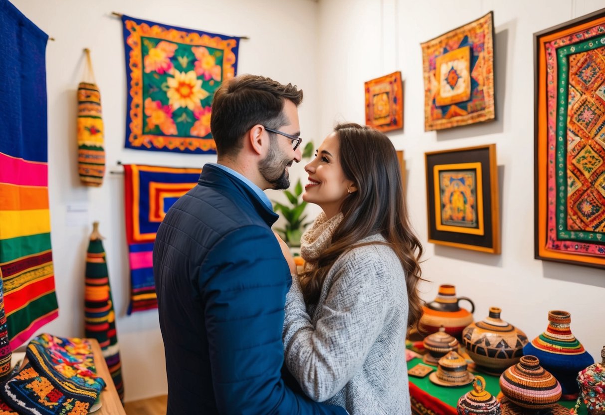 A couple admiring local art at a gallery, surrounded by traditional crafts and colorful textiles