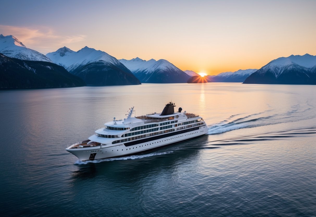 The sun sets over calm waters as a luxurious cruise boat glides through Prince William Sound, surrounded by snow-capped mountains and serene wilderness