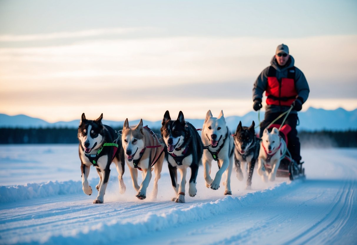 A team of sled dogs races through a snowy Alaskan landscape, guided by a local musher