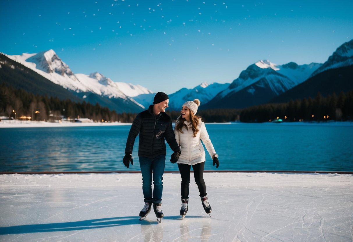 A couple ice skating under the stars at Westchester Lagoon, surrounded by snow-capped mountains in Anchorage, AK
