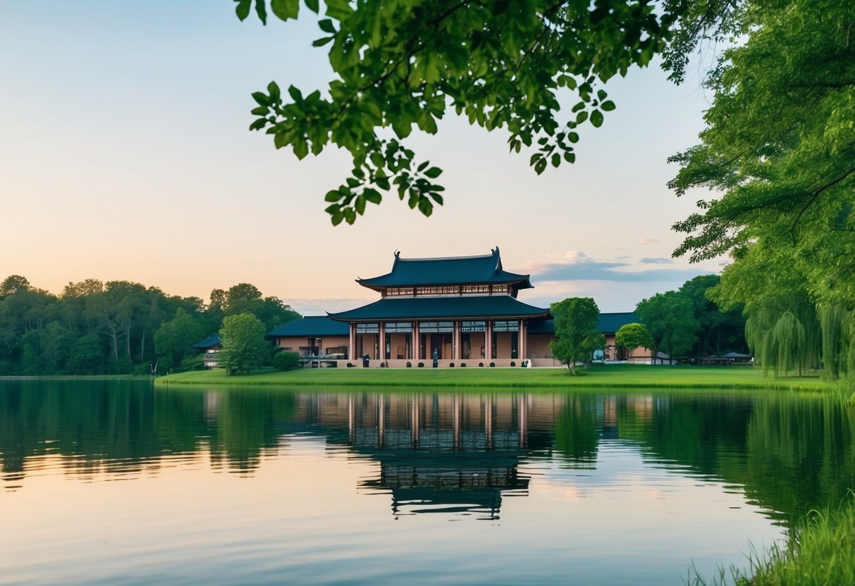 A peaceful lake surrounded by lush greenery, with a traditional Native Heritage Center in the background