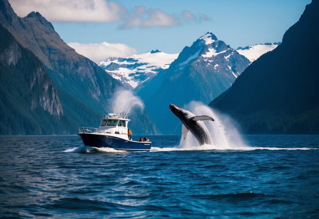 A boat sails through Resurrection Bay, surrounded by towering mountains and deep blue waters. A humpback whale breaches the surface, spraying water into the air
