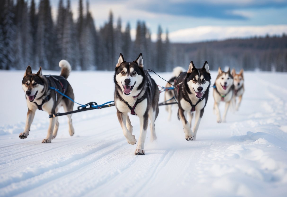A team of sled dogs pulling a sled through snowy Alaskan wilderness