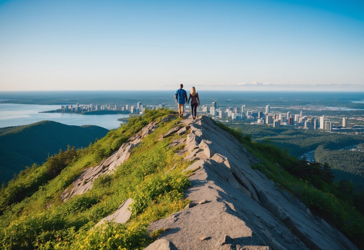 A couple hikes up Flattop Mountain, surrounded by lush greenery and a clear blue sky, with the city of Anchorage in the distance