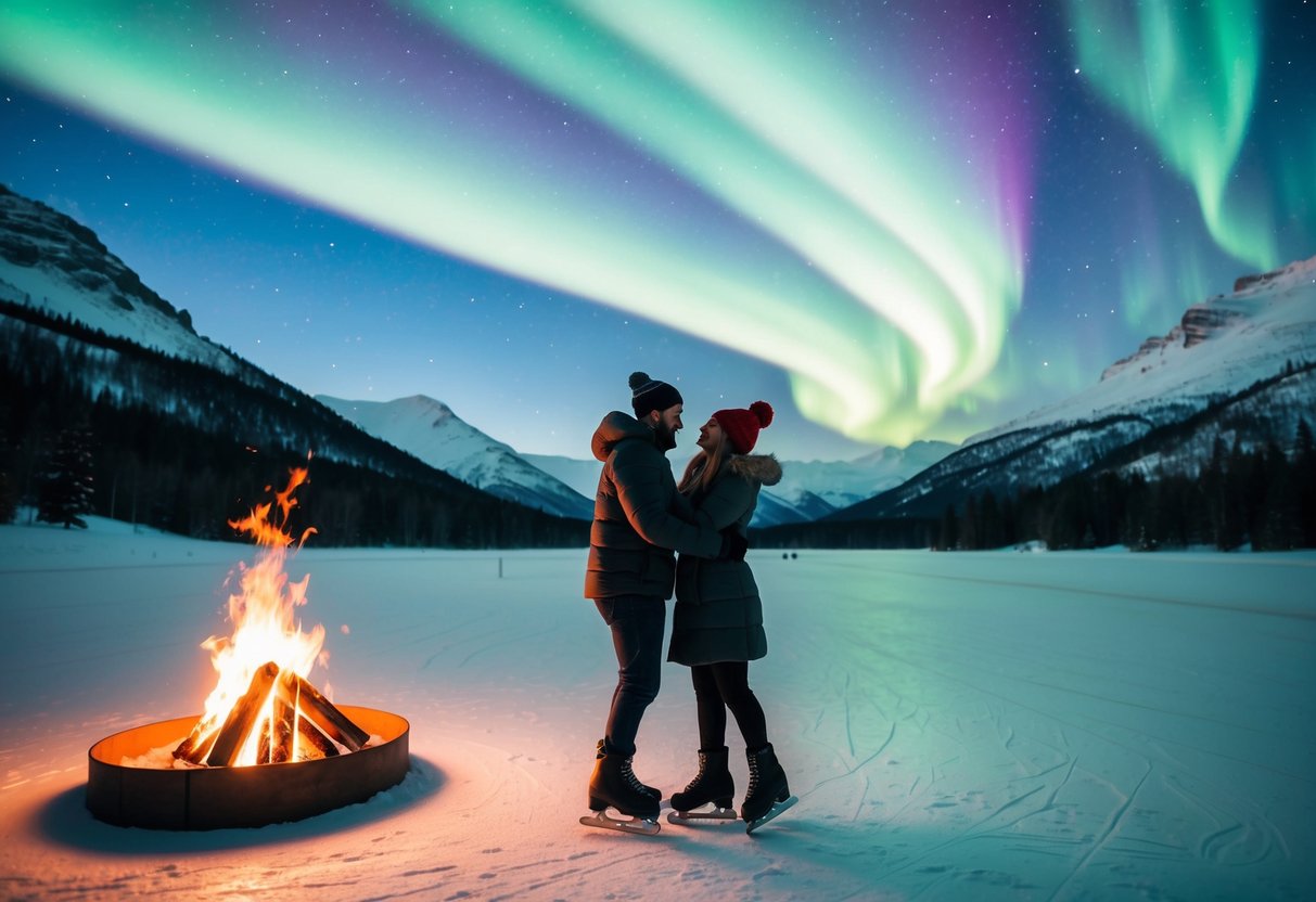 A couple ice skating under the Northern Lights with a backdrop of snow-capped mountains and a cozy bonfire