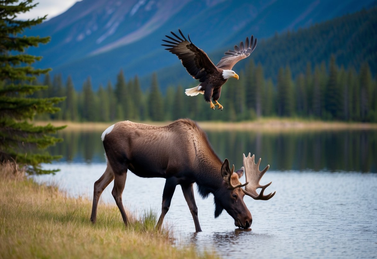 A moose grazing by a serene lake, while a bald eagle soars overhead at the Alaska Wildlife Conservation Center
