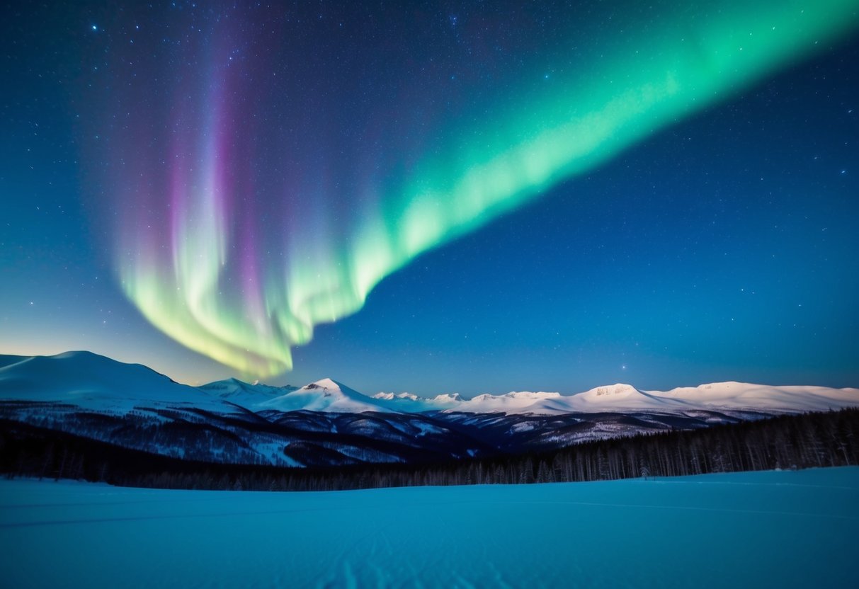 A starry night sky over snow-covered mountains, with vibrant Northern Lights dancing across the horizon