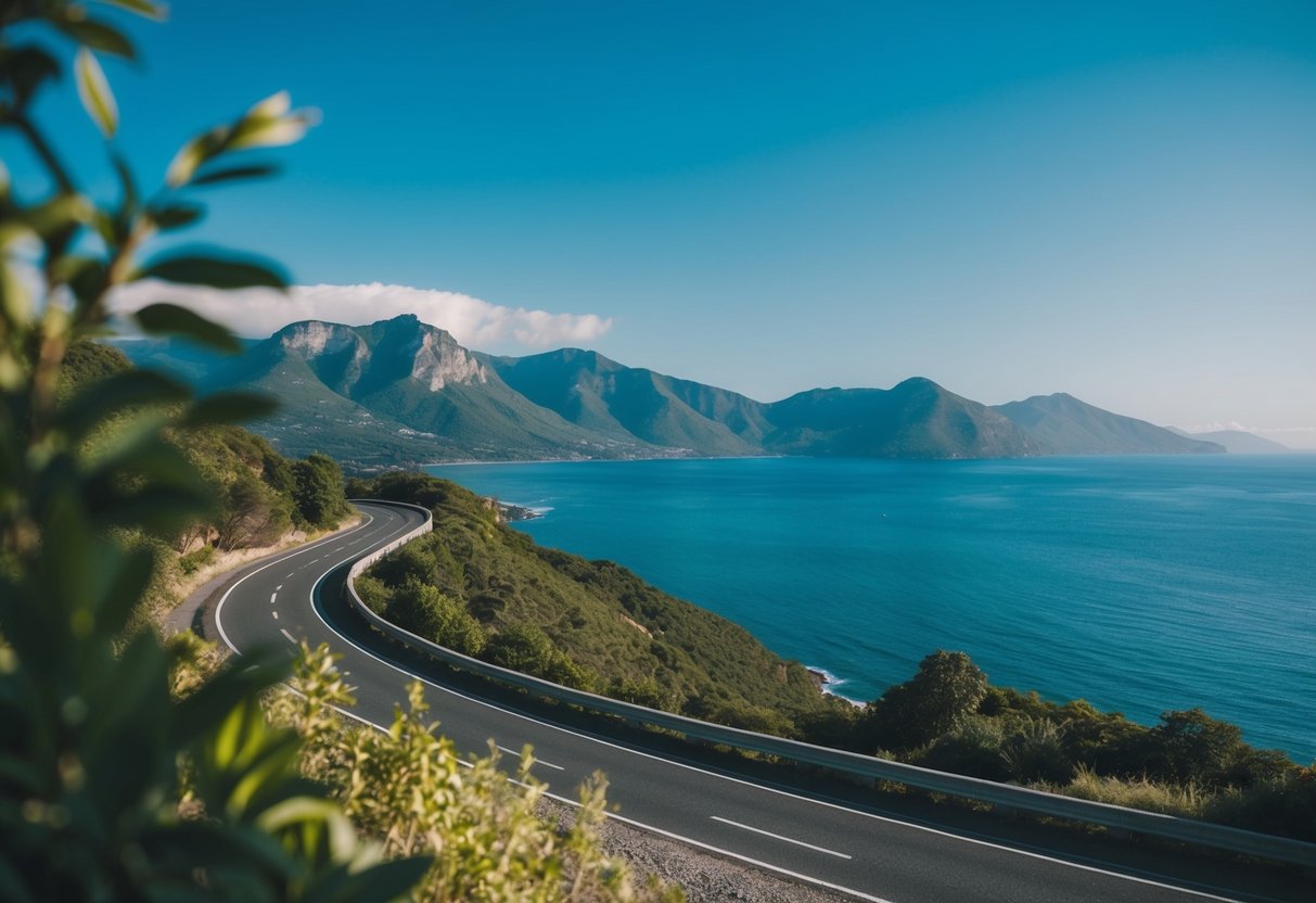 A winding coastal road with mountains and water, framed by lush greenery and a clear blue sky