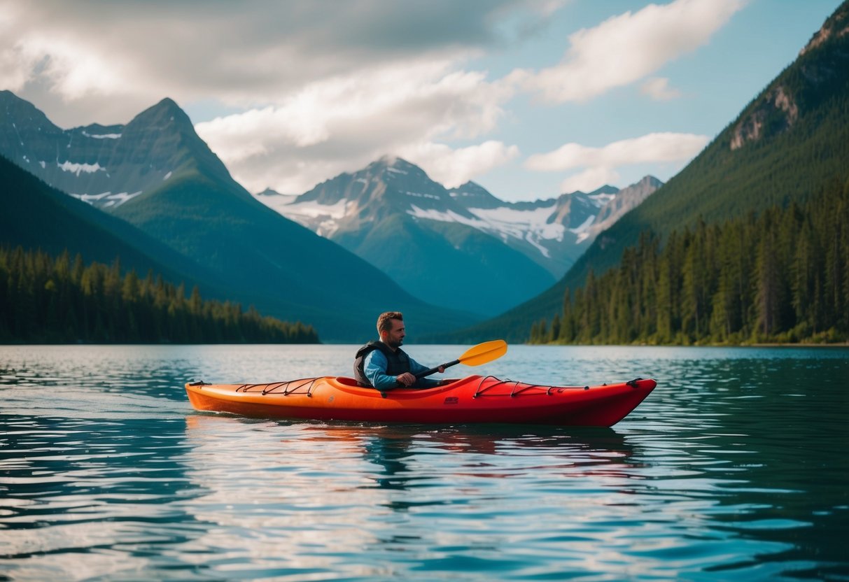 A bright red kayak glides across the calm waters of Eklutna Lake, surrounded by towering mountains and lush greenery