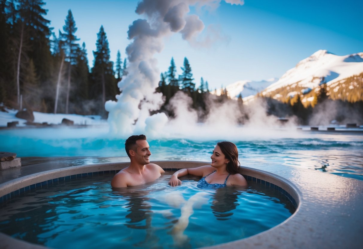 Steam rises from the natural hot springs, surrounded by snowy mountains and evergreen trees. A couple relaxes in the warm water, enjoying the serene atmosphere