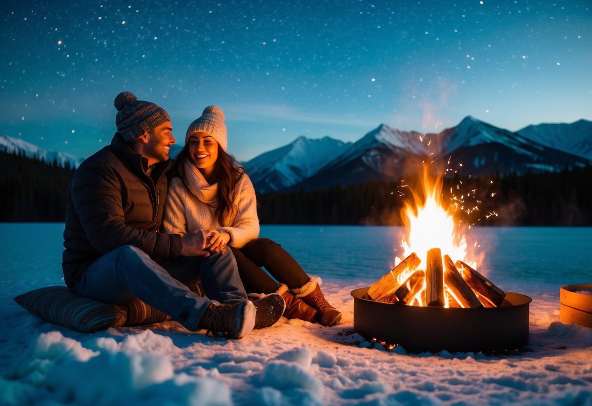 A couple enjoys a cozy date night in Wasilla, AK, sitting by a crackling fire under a starry sky, surrounded by snow-capped mountains