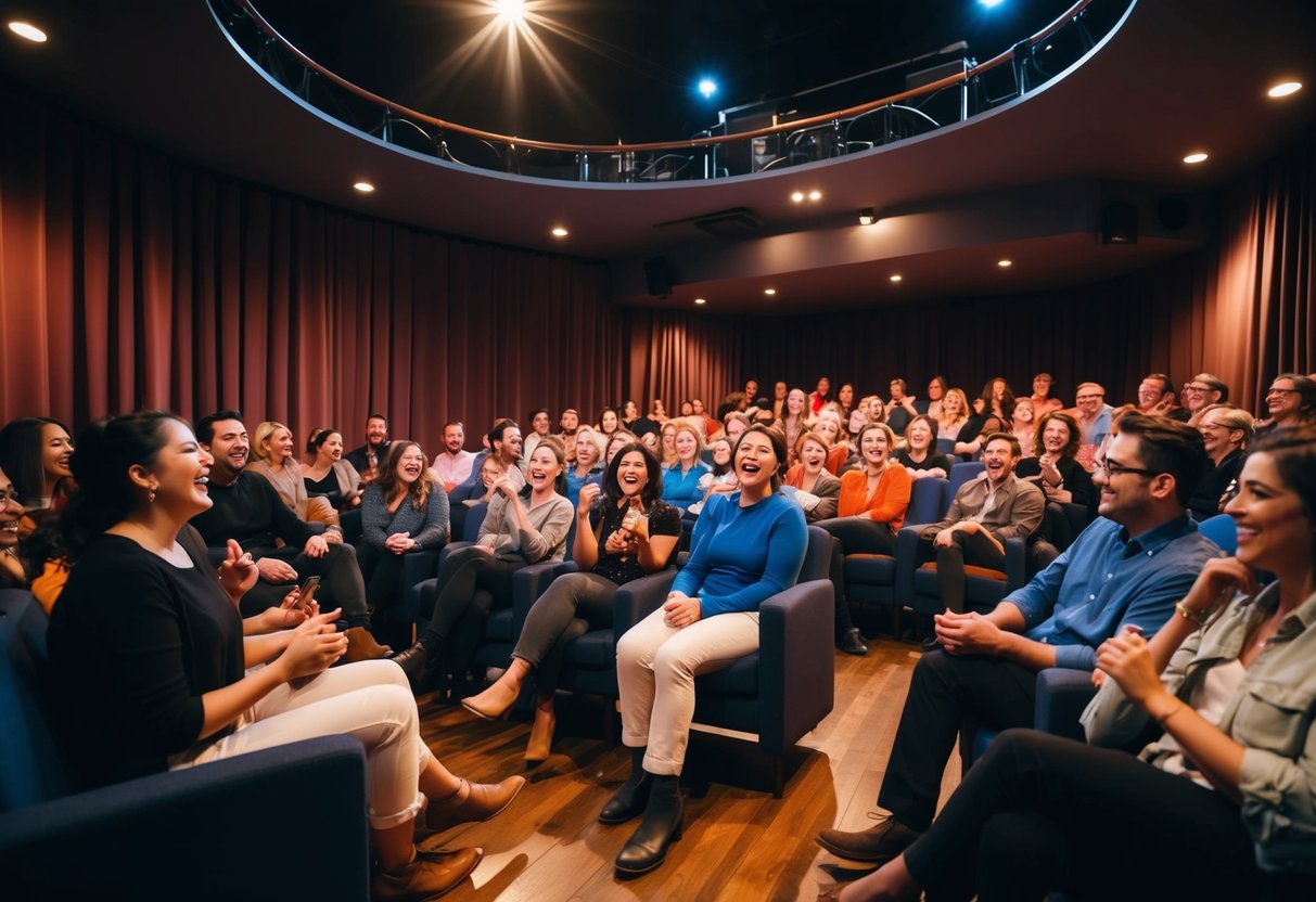 A cozy theater with a stage, spotlight, and audience. Laughter fills the air as performers engage in lively improv comedy