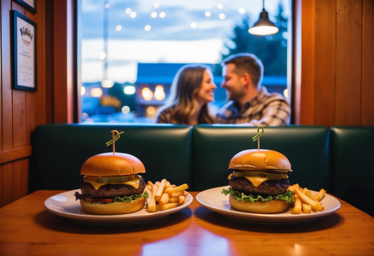 A cozy booth at Red Robin, with two burgers and fries, soft lighting, and a couple enjoying a date night in Wasilla, AK