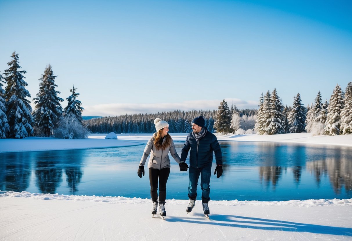 A couple ice skating on a frozen pond surrounded by snow-covered trees under a clear blue sky in Anchorage, Alaska