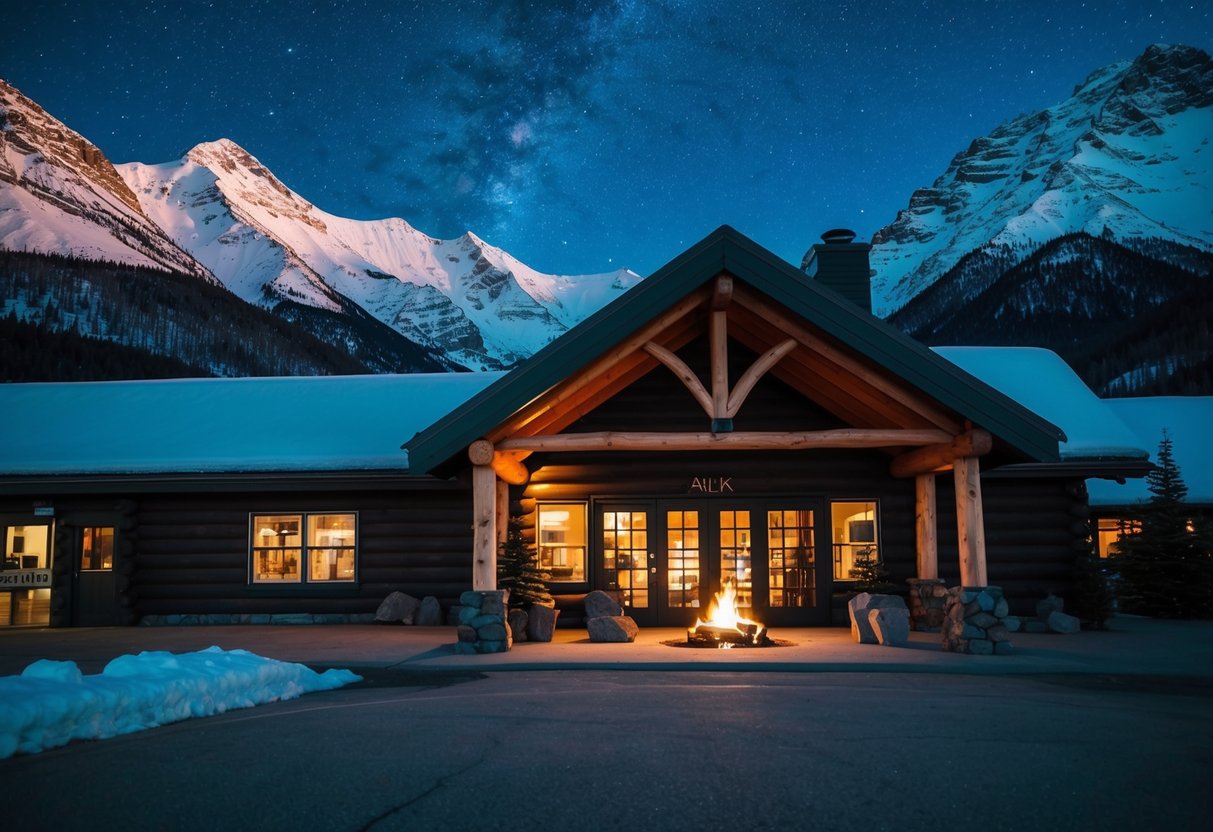 A cozy, rustic visitor center with a crackling fireplace, surrounded by snow-capped mountains and a starry night sky in Wasilla, AK
