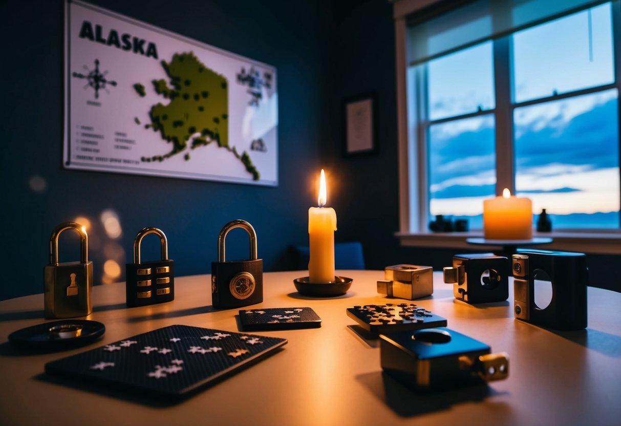 A dimly lit room with various puzzles and locks, a table set for two with a candle, and a map of Alaska on the wall