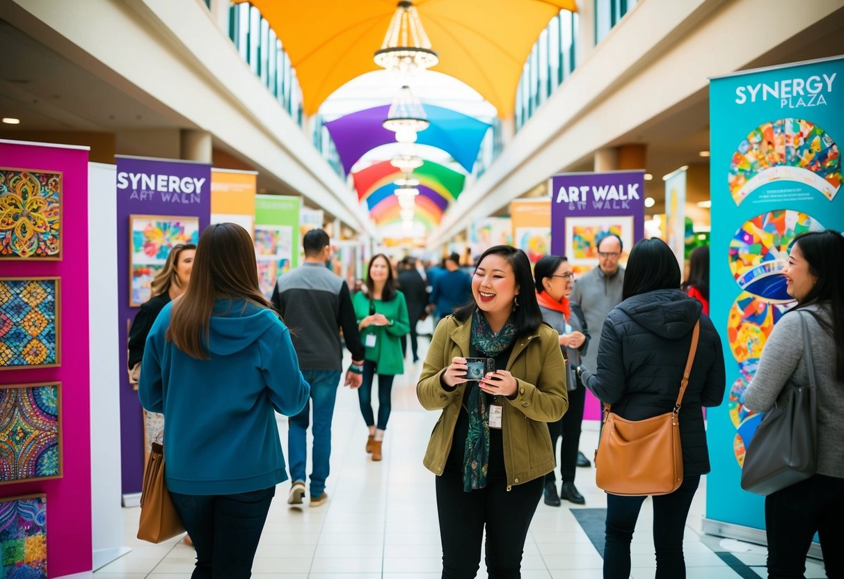 A bustling art walk at Synergy Plaza Mall with colorful displays and excited visitors browsing the unique creations