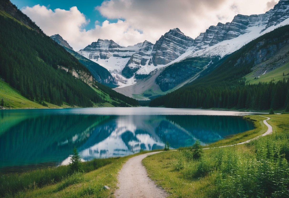 A serene lake surrounded by lush greenery and snow-capped mountains, with a winding trail disappearing into the distance