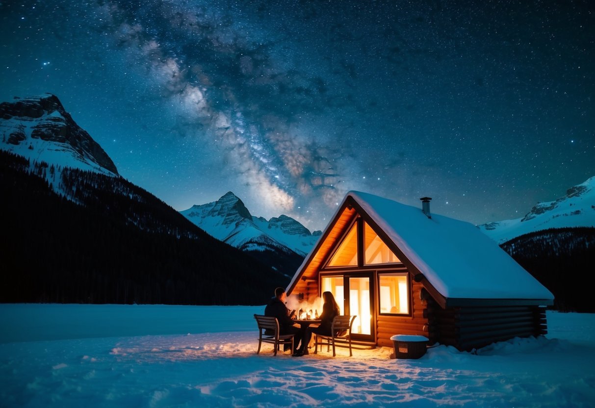 A cozy cabin nestled in the snowy Alaskan wilderness, with a warm fire glowing and a couple enjoying a romantic dinner under the starry night sky
