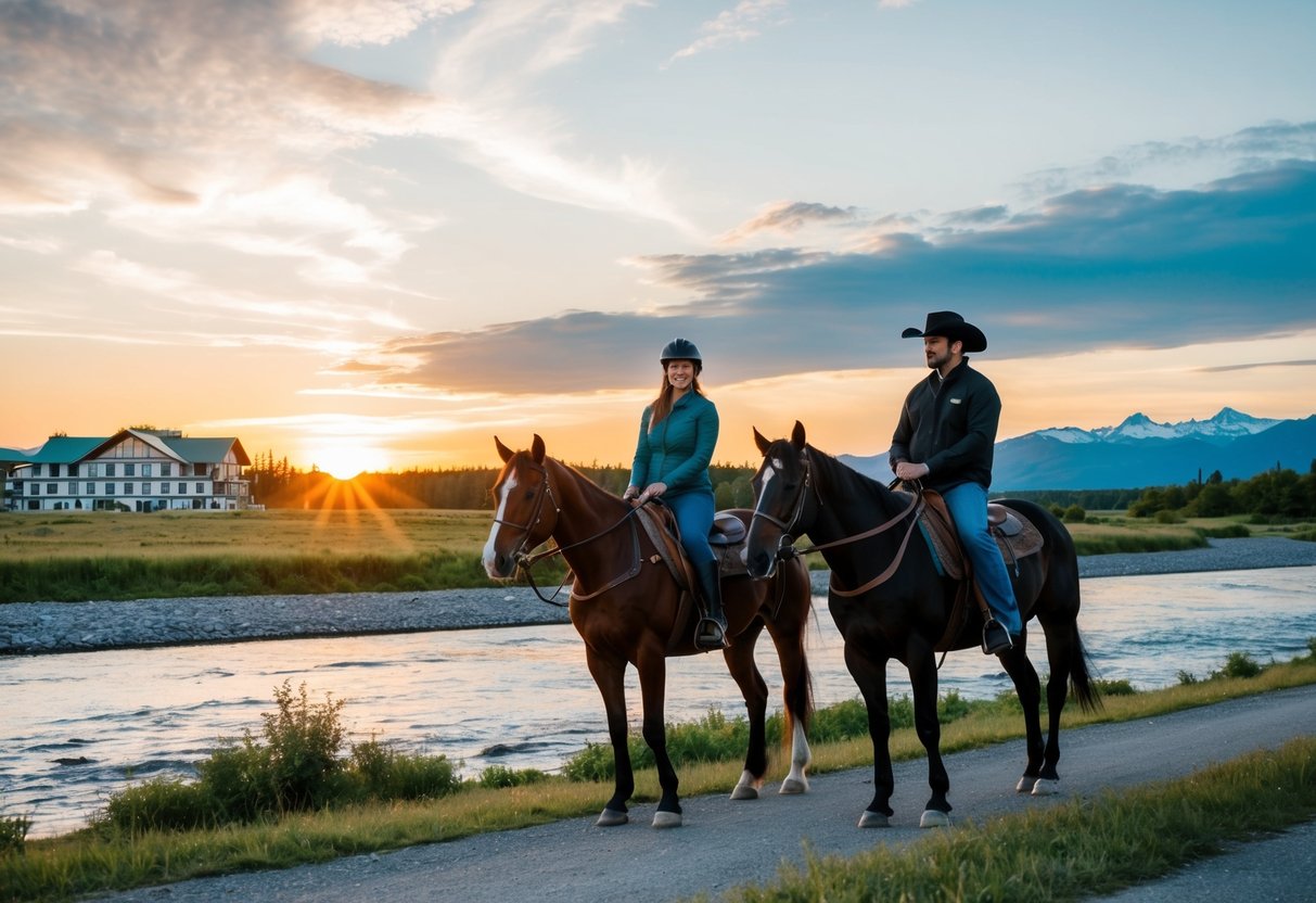 A couple horseback riding along the scenic Knik River at sunset, with the lodge in the background