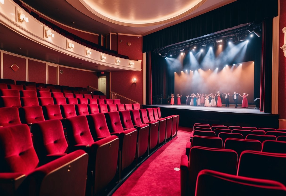 A cozy theater with red velvet seats, a stage with dramatic lighting, and a lively performance unfolding