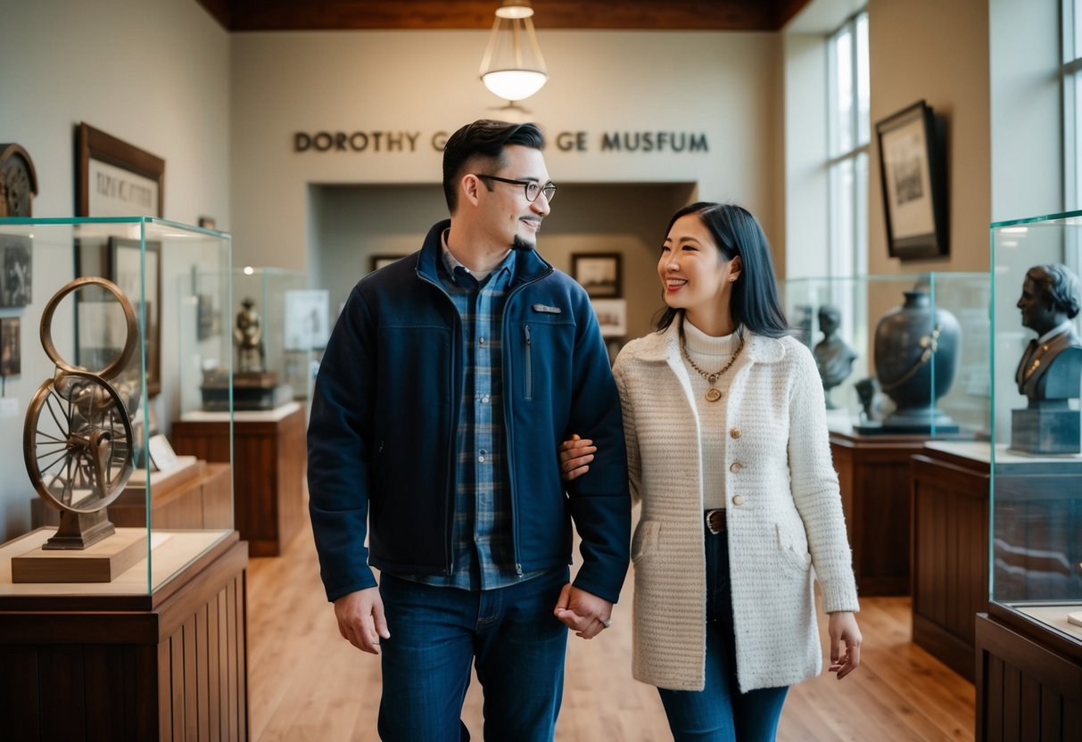A couple explores the Dorothy G. Page Museum in Wasilla, AK, surrounded by historical artifacts and exhibits