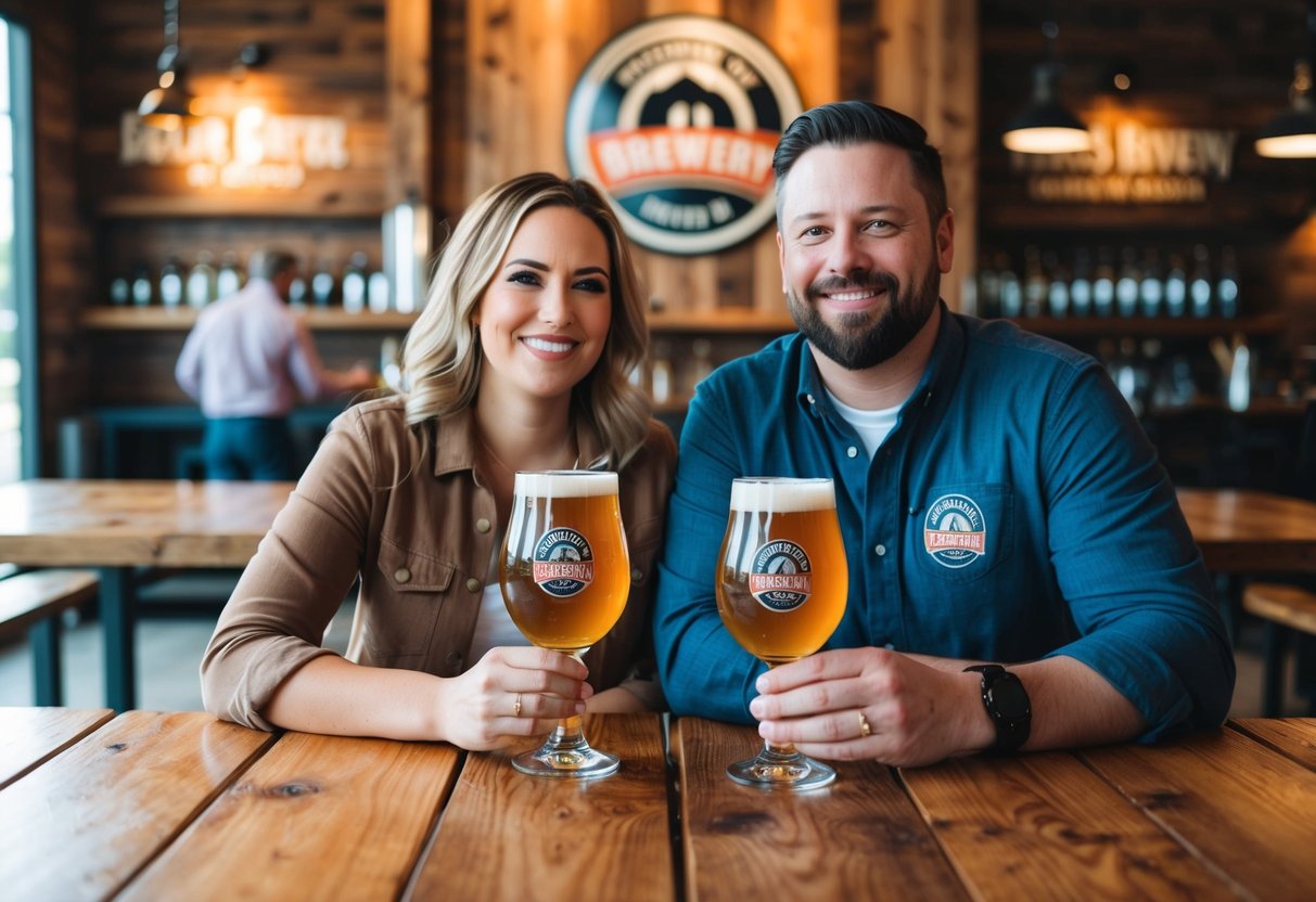 A couple sits at a wooden table, surrounded by rustic decor. They each hold a glass of beer, with the brewery's logo visible in the background