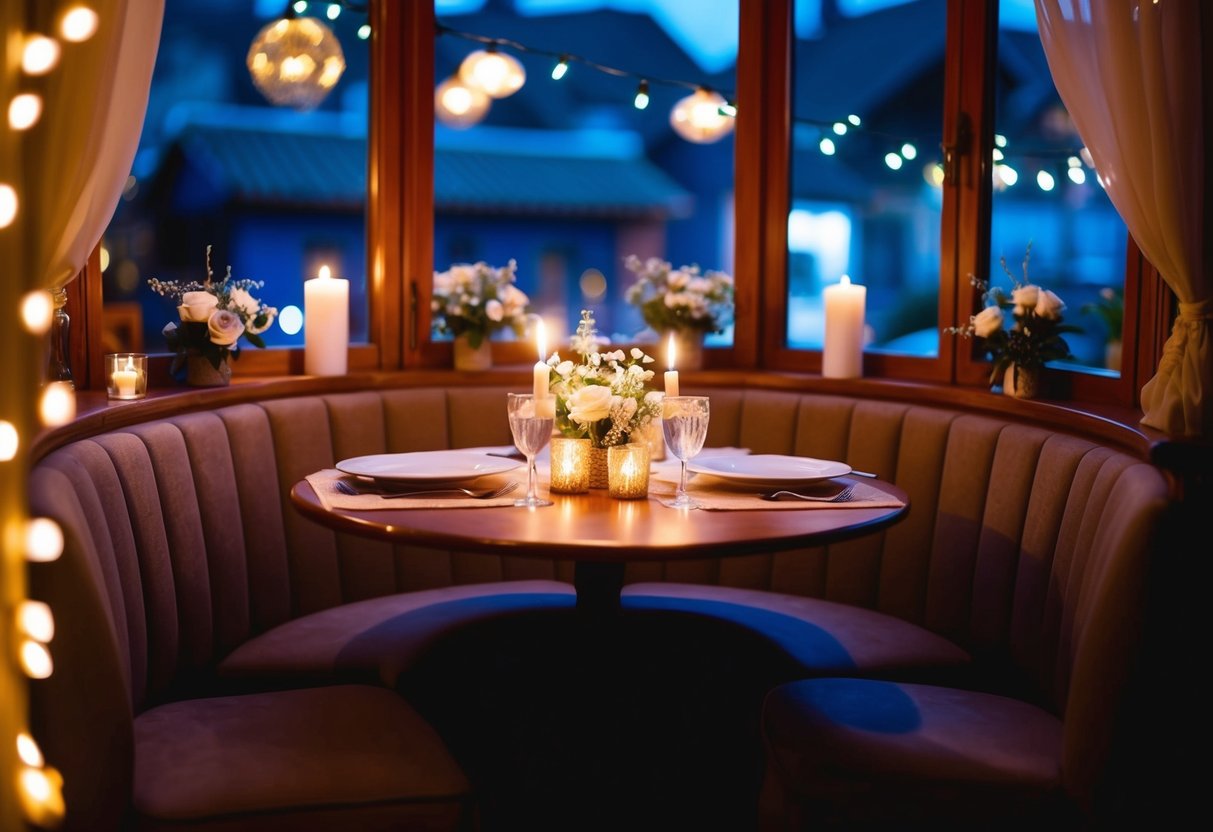 A cozy table for two, lit by soft candlelight, nestled in a corner of a charming restaurant in Wasilla. Twinkling fairy lights and delicate flower arrangements add to the romantic atmosphere