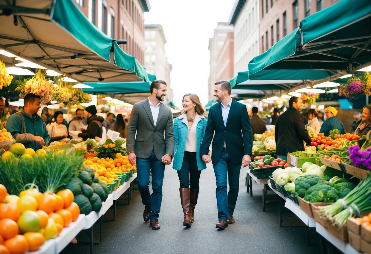 A bustling farmer's market with colorful produce, vendors selling flowers, and couples strolling hand in hand