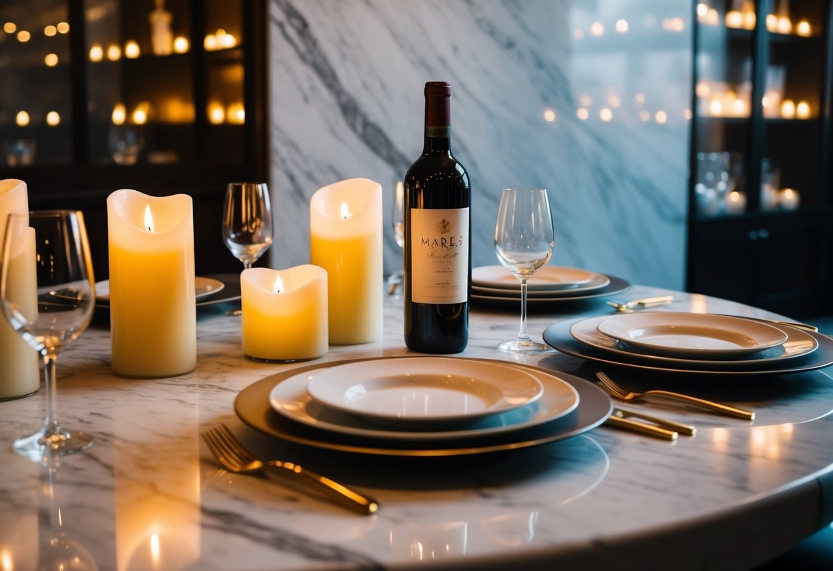 A dimly lit marble table with flickering candles, elegant place settings, and a bottle of wine at The Marble Room in Akron, Ohio